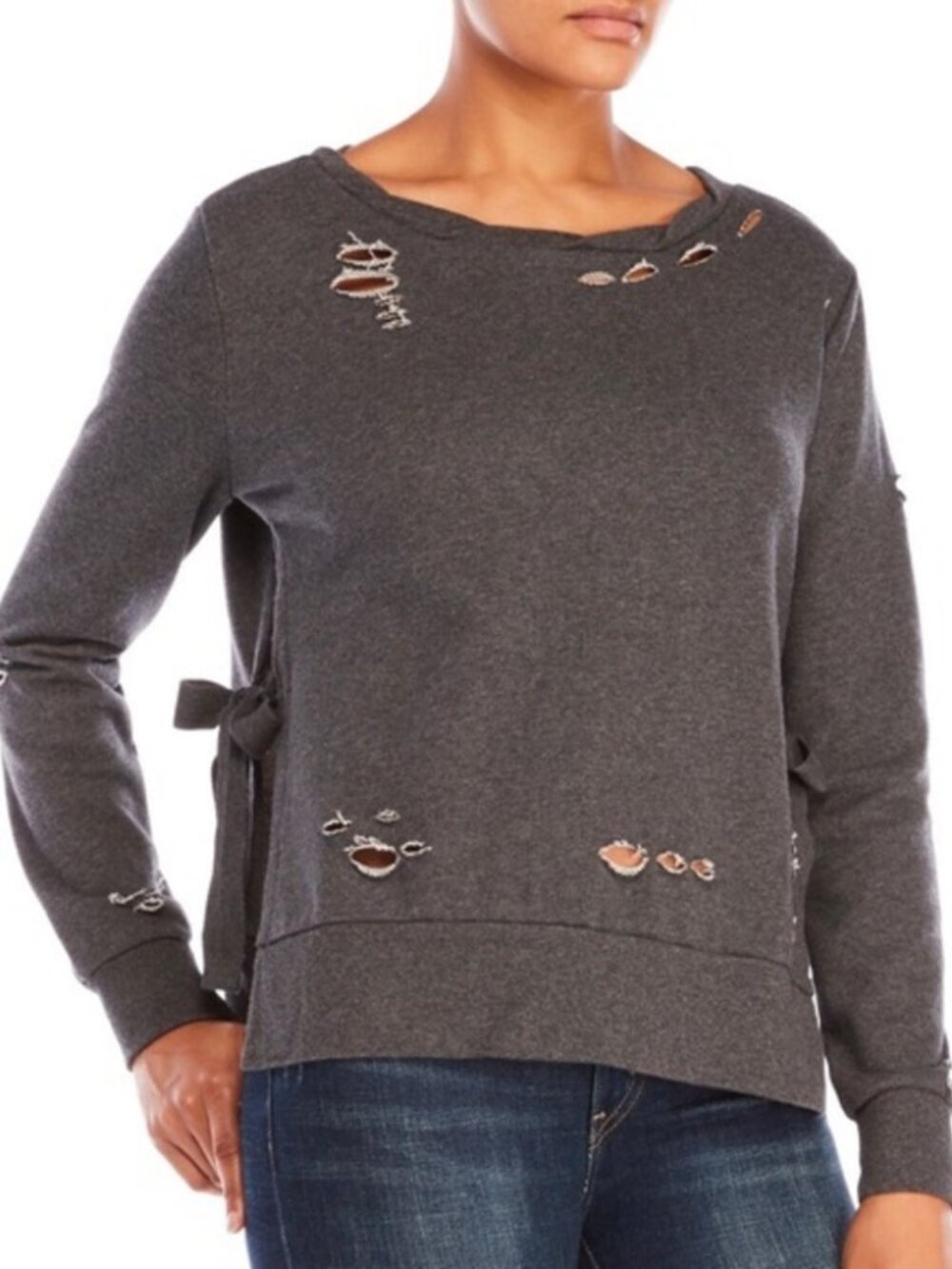 Romeo & Juliet Couture Distressed Sweatshirt Gray Side Slit w/Ties size M